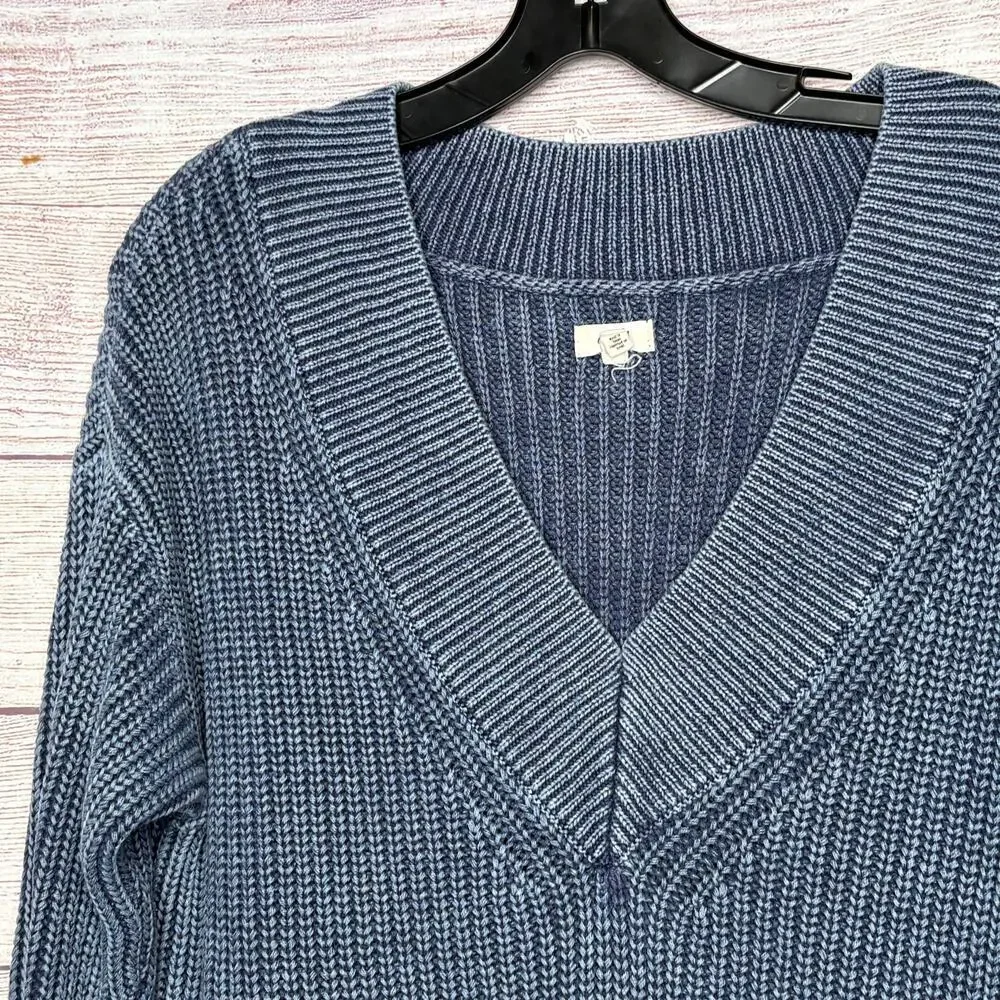 Aerie 100% Cotton Ribbed Blue Oversized Soft V Neckline Pullover Sweater Small